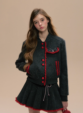Woolen Baseball Jacket / Pleated Skirt